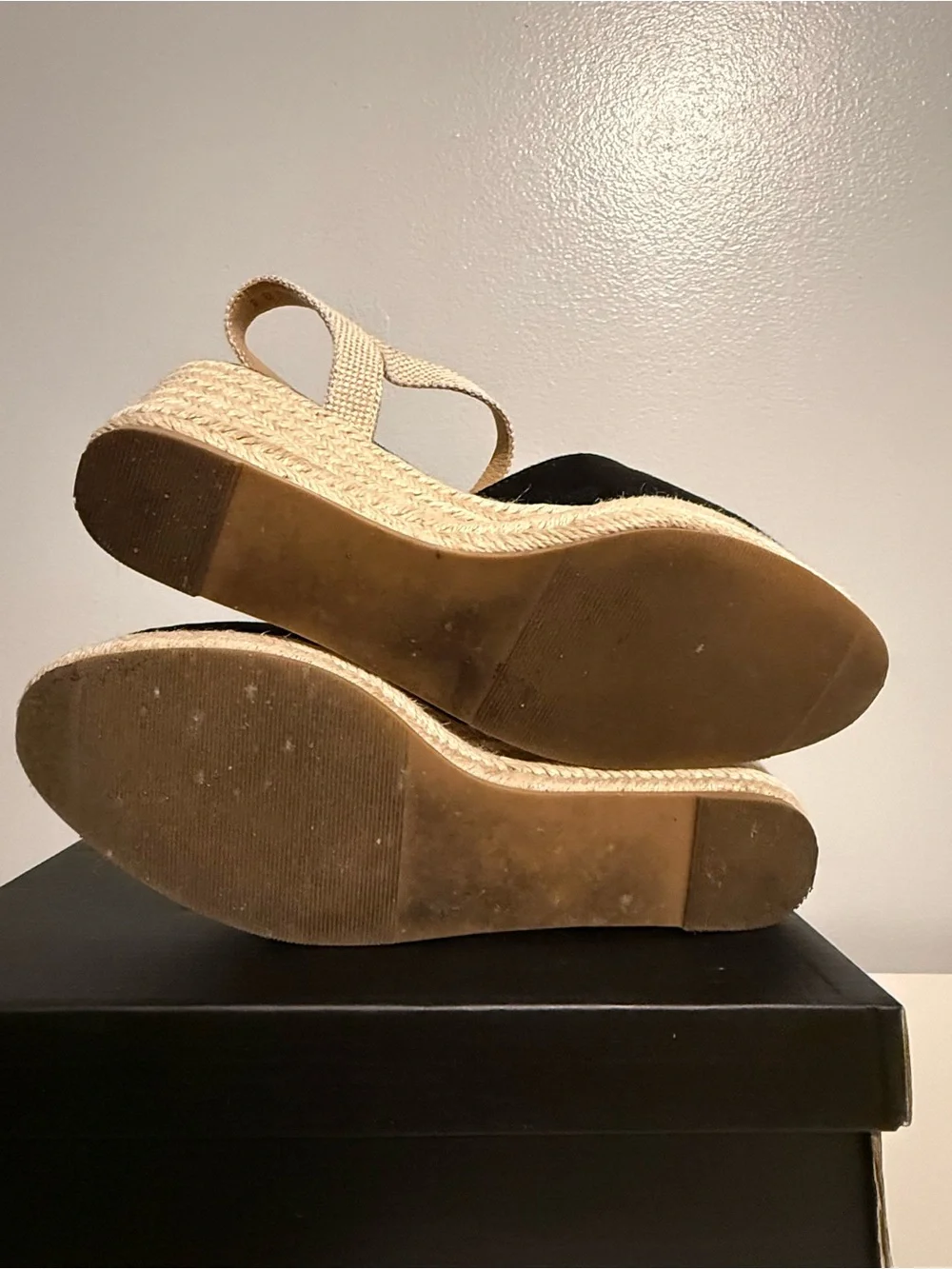 IDIFU Black and Beige Espadrille Wedge Sandals with Ankle Strap